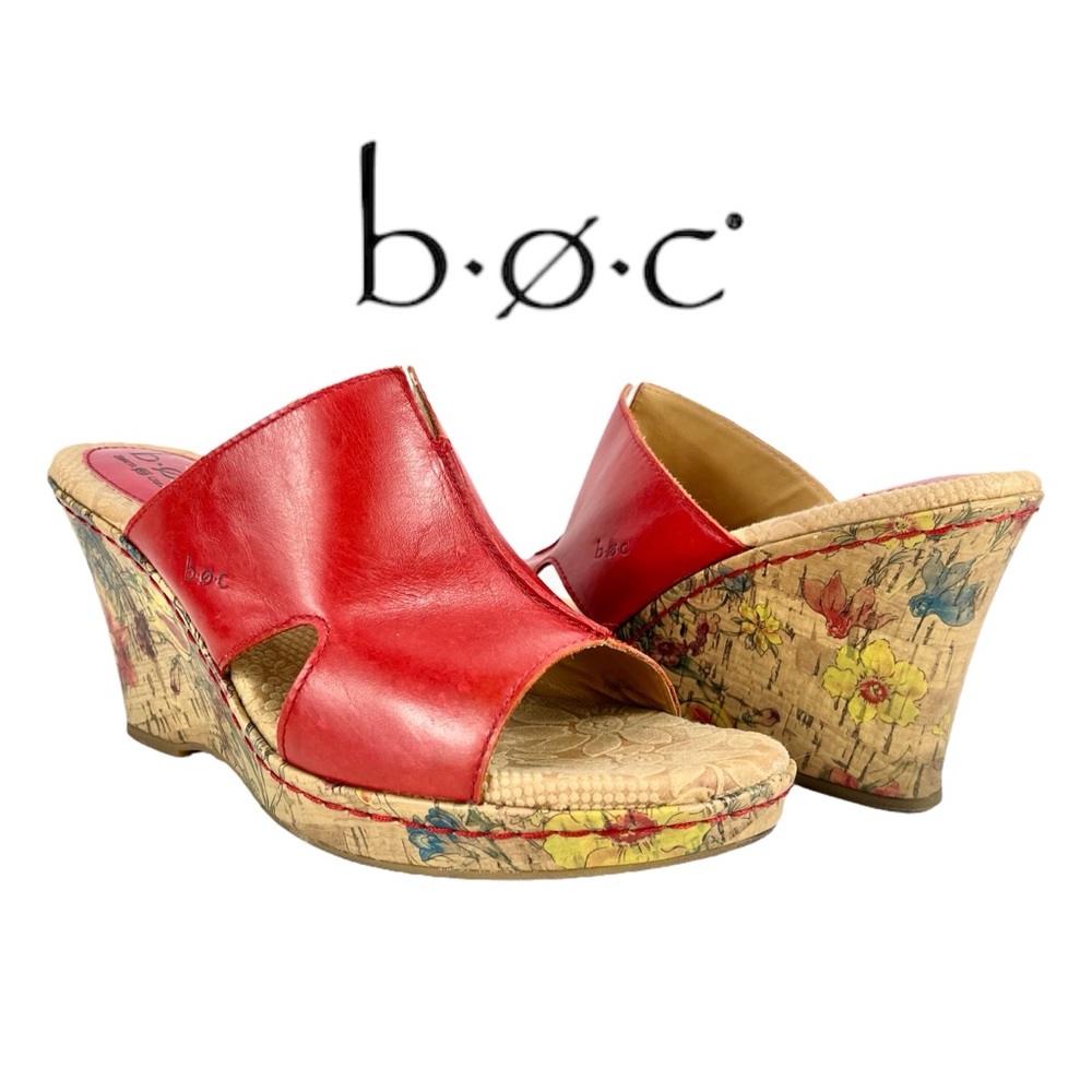 B.O.C Born Concept Women 9M Red Eddie 2 Floral Cork Wedge Sandal Shoe
